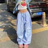 Cyflymder Bule Striped Wide Pants Women Casual Baggy Patchwork Joggers Harajuku Oversized Korean Style Letter Embroidery Trousers