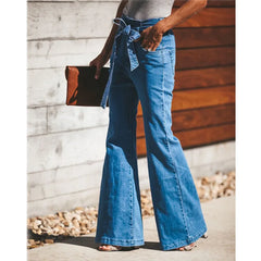 Cyflymder Blue Tie Waist Flare Jeans Women Slim Denim Trousers Vintage Clothes spring High Pants Belted Stretchy Wide Leg