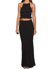Cyflymder Elegant Two Piece Skirt Sets for Women Stylish Smocked Halter Neck Crop Top with Fit Long Skirt Ensemble in Solid Color