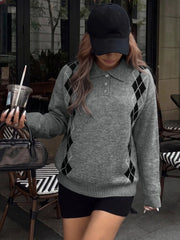 Cyflymder Autumn Vintage Argyle Turn Down Collar Long Sleeve Loose All Match Streetwear Knitted Pullovers