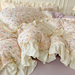 Cyflymder Floral Print Korean Style Princess Lace Ruffles 100% Cotton Bedding Set Duvet Cover Bed Sheet/Fitted Sheet Pillowcases 3/4Pcs