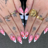 Cyflymder 24Pcs Mid-length French Almond False Nails White Edge Cherry Design Fake Nails Press on For Woman Wearable Full Cover Nails Tips