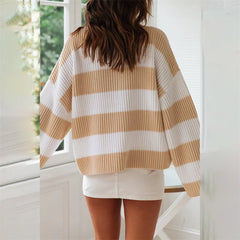 Cyflymder Women Colorblocked Stripes Rolled Hem O Neck Pullover Sweater Autumn Winter Loose Jumpers Female Comfortable Casual Knitted Tops