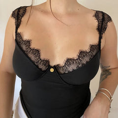 Cyflymder Chic Sexy Eyelash Lace Trim Straps Low-cut V Neck Slim Fit Fashion Women Casual Solid Color Perspective Tank Top Vests