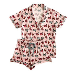 Cyflymder Cherry/Bow/Butterfly Print Shirt + Shorts Sleepwear Sets Women Lounge 2 Piece Button Up Blouse Tops Cute Pajama Set