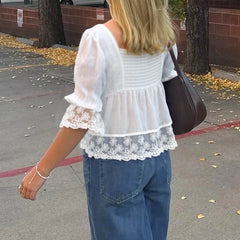 Cyflymder Elegant V-neck Lace Patchwork Flared Sleeve White T-shirts Women's Summer Casual A-Line Loose Cute Top Tees Fashion New