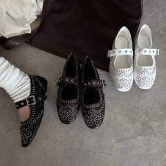 Cyflymder Retro Rivet Buckle Design Flats Women Round Toe Shallow Elegant Mary Jane Shoes for Ladies Fashion Brand Designer Casual Shoes