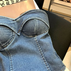 Cyflymder Retro Hong Kong Style Denim Strapless Vest Women Summer Outdoor Sweet Spicy Short Wrap Chest Top with Chest Pad Sexy Female Garm