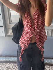 Cyflymder American Sle Vintage Sexy Slim Fit Ruffle ort Sve Women's irt Floral Print Bubble Sve Casual Summer Top