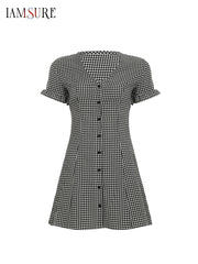 Cyflymder Casual Slim Plaid A-Line Dress Elegant Fashion Basic Deep V-Neck Short Sleeve Ruffles Mini Dresses For Women 2025 Summer