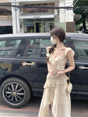 Cyflymder Fairy Floral Chiffon Sling Dress Women Summer Flying Sleeve Ruffle Waist Irregular Long Dresses Sweet Print Beach Robe