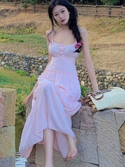 Cyflymder Pink Summer Sexy Long Dress Women Fashion High Waist Sleeveless Solid Straps Dress Casual Elegant Party Lady Dresses