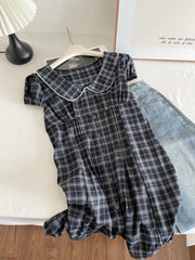 Cyflymder Summer Vintage Plaid Print Peter Pan Collar Puff Sleeve Buttons A-LINE Short Woman Dress