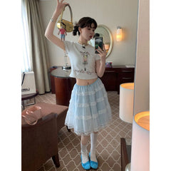 Cyflymder Light Blue Lace Cake Layered Skirt Ladies Summer Skirt