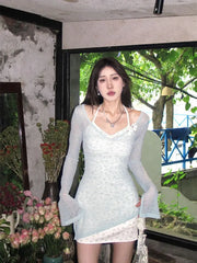 Cyflymder Summer Suit for Women Waist-hugging Short Printed Suspender Dress Thin + Long-sleeved Shirt Two-piece Set