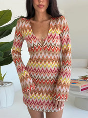 Cyflymder Color Block Striped Women Bodycone Mini Dress V Neck Long Bell Sleeve Slim Hollow Out Sexy Short Fashion Holiday Outfit