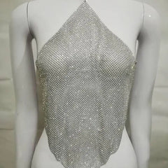 Cyflymder Cross-Border New Summer Women's Metal Rhinestone Tank Top Sexy Spicy Girl Club Crop Top with Nelace Glittering Beads Ladies
