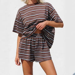 Cyflymder Women Elegant Stripe Print Loose Vacation Outfit Fashion Street Drawstring Suit Casual O Neck Short Sleeve Pullover & Short Set