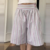 Cyflymder Women's Casual Multicolor Striped Wide Leg Shorts High Waist Elastic Waistband Loose Fit Knee-length Culottes For Daily Wear