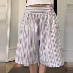 Cyflymder Women's Casual Multicolor Striped Wide Leg Shorts High Waist Elastic Waistband Loose Fit Knee-length Culottes For Daily Wear