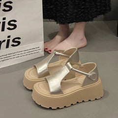 Cyflymder Summer Chunky Sandals Women's Wedge Heels Slides Leather Casual Woman Beach Casual Thick Bottom Sandals Silver 245