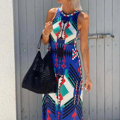 Cyflymder New Elegant O-neck Bohe Vacation Dress Women's Fashion Pattern Printed Beach Long Dress Casual Sleeveless Slim Fit Party Dresses