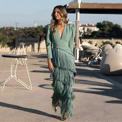 Cyflymder Women Elegant Tassel Splicing Evening Dress Solid Ruched V Neck Long Sleeve French Slim Female Cocktail Party Chic Maxi Dresses