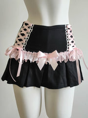 Cyflymder Cute Pleated Skirts for Sweet Girls High Waist Lace Trim Pink Bow Lolita Style A-line Mini Shorts Skirt Summer