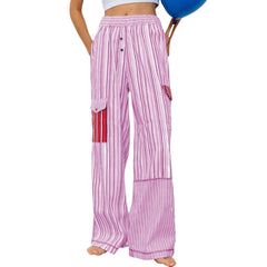 Cyflymder Fashion New Style Striped Patchwork High Street Long Pocket Trousers Elastic High Waist Casual Versatile Cool Pants For Girls
