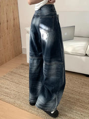 Cyflymder Blue Washed Distressed Jeans Women Wide Leg High Waist Barrel-leg Denim Trousers American Style Baggy Casual Basic