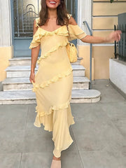Cyflymder Sexy Chic Women Dress Yellow Solid Cami Long Tierred Straight Chiffon Dress Fashion Autumn Evening Club Party Dress