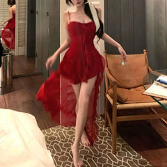 Cyflymder Hotsweet Dovetail Fashion Irregular Slip Dresses Summer Sexy V-Neck Women's Clothing Solid Color Aura Asymmetrical Mini Dress