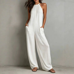 Cyflymder Casual Jumpsuit For Woman Sleeveless Romper Halter Neck Wide Leg Overalls Black Front Pockets Jumpsuits White Maxi Length Solid