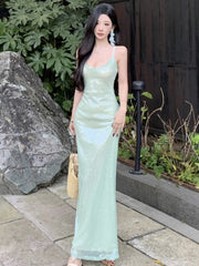 Cyflymder Sexy Green Spaghetti Strap Evening Dresses Elegant Backless Sleeveless Slim Party Prom Casual Vestidos Long Robe Female Clothing