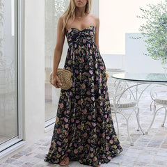 Cyflymder Elegant Pattern Print Draped Party Dress Strapless Backless Hight Waist Summer Dress Lady Sexy Sleeveless Sweet Style Long Dress