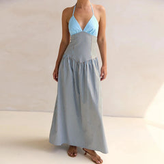 Cyflymder Women Halter Neck Striped Backless Maxi Dress Summer Sleeveless Long Dress Vacations Outdoor Backless Flowy Dress