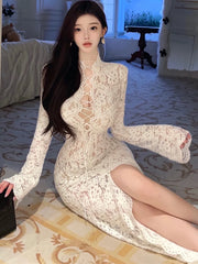 Cyflymder wedding guest outfit 2025 New White Lace Hook Flower Hollow Chic Bandage Dress Women Korean Fashion Prom Dress Autumn Winter Elegant Evening Dresses