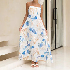 Cyflymder Women Summer Casual Loose Holiday Beach Dress Spring Slash Neck Backless Sling Dress New Vintage Pattern Print A-Line Long Dress