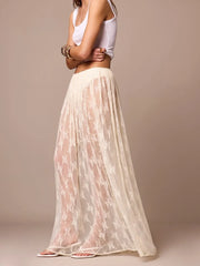 Cyflymder Womens Sexy Sheer Lace Skirt High Waisted Floral Embroidered See Through Ruffled A Line Long Maxi Long Beach Coverup Skirts