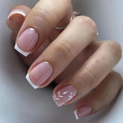Cyflymder 24Pcs Simple French Flower Stick on Fake Nails Short Ballet Nail Art Set Spring Finished Fashion Manicure Acrylic Press-on Nails