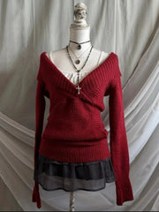 Cyflymder Fashion Slim V-neck Pullover Plainstyle Classic Clothing Women Long Sleeve Y2K Vintage Knitwear Lovely Cute Sweet Maiden Sweater