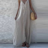 Cyflymder New Summer Solid Color Loose Evening Dress Elegant V-neck Linen Vacation Style Dress Fashion Ruffles Sleeveless Long Sling Dress