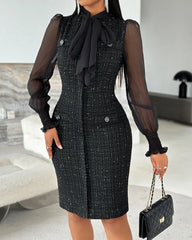 Cyflymder Women's Dress Elegant Tie Neck Mesh Patch Long Sleeve Midi Dress Frill Hem Shirred Fashion Work Dress