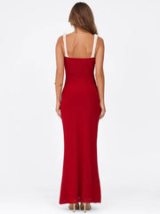 Cyflymder V Neck Spaghetti Strap Red Party Women's Dress Flower Decor Elegant Sleeveless Bodycon Maxi Vestidos Beach Casual Long Robe