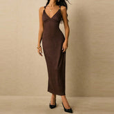 Cyflymder Elegant V-neck High Waist Skinny Dress Women Sexy Backless Sleeveless Long Dress Fashion Draped Hollow Out Slim Gowns Dress