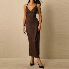 Cyflymder Elegant V-neck High Waist Skinny Dress Women Sexy Backless Sleeveless Long Dress Fashion Draped Hollow Out Slim Gowns Dress