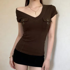 Cyflymder All Match Harajuku Punk V Neck Short Sleeve Safari Style Shirts Y2k American Punk Casual Clothes Slim High Street Lazy Tops