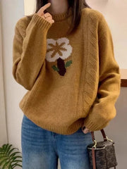 Cyflymder Vintage Floral Sweaters Women Loose Korean Casual Knitted Jumpers Long Sleeve O Neck Retro Female Sweet Cute Fall Tops New