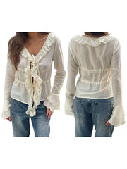 Cyflymder Elegant Women s V-Neck Peplum Blouse with Flowy Front Bow Tie Long Sleeve and Ruffle Trim Detail for a Stylish Look