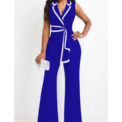 Cyflymder Summer Commuter Style Women Jumpsuit Striped Splicing Notched Collar Wide Leg Jumpsuits Solid One Piece Suit OL Romper